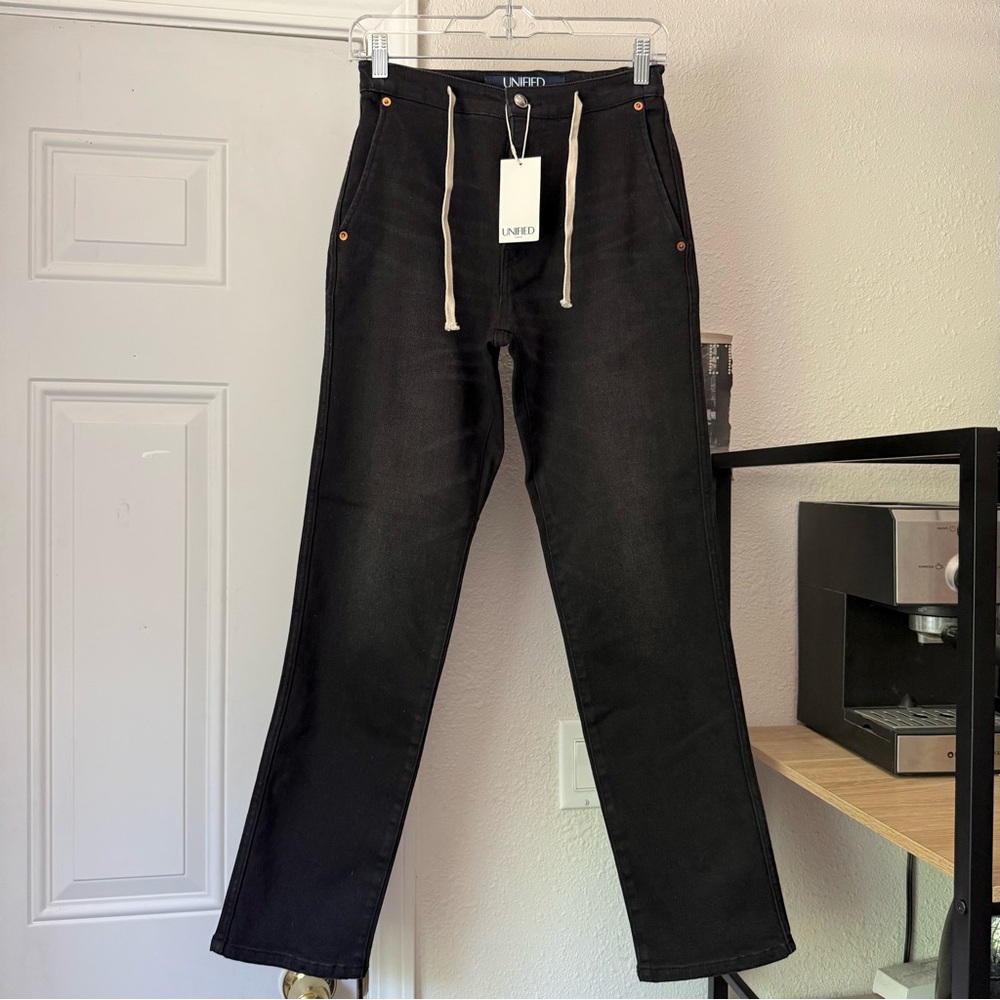 NWT UNIFIED UNLIMITED black cotton blend drawstring elastic waist‎ denim jeans